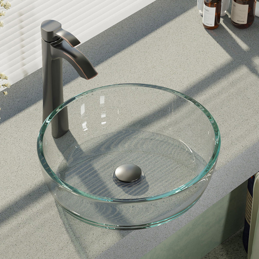 Rene 17" Round Glass Bathroom Sink, Crystal, with Faucet, R5-5024-R9-7006-ABR - The Sink Boutique
