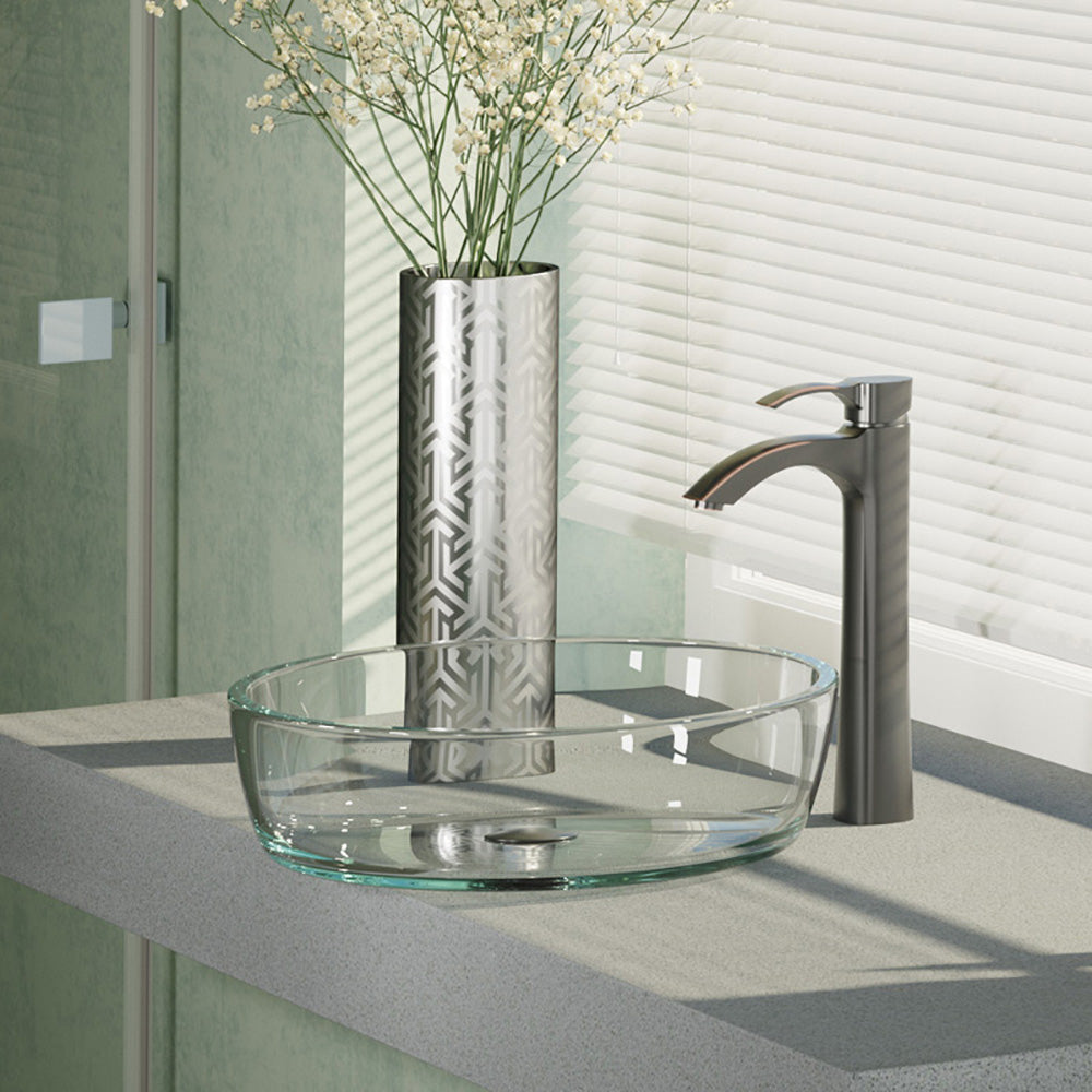 Rene 17" Round Glass Bathroom Sink, Crystal, with Faucet, R5-5024-R9-7006-ABR - The Sink Boutique