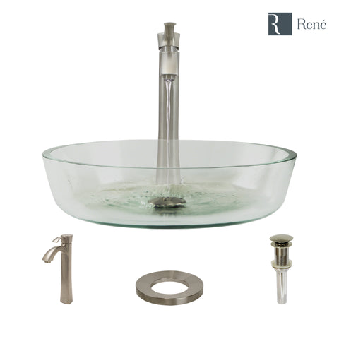 Rene 17" Round Glass Bathroom Sink, Crystal, with Faucet, R5-5024-R9-7006-BN