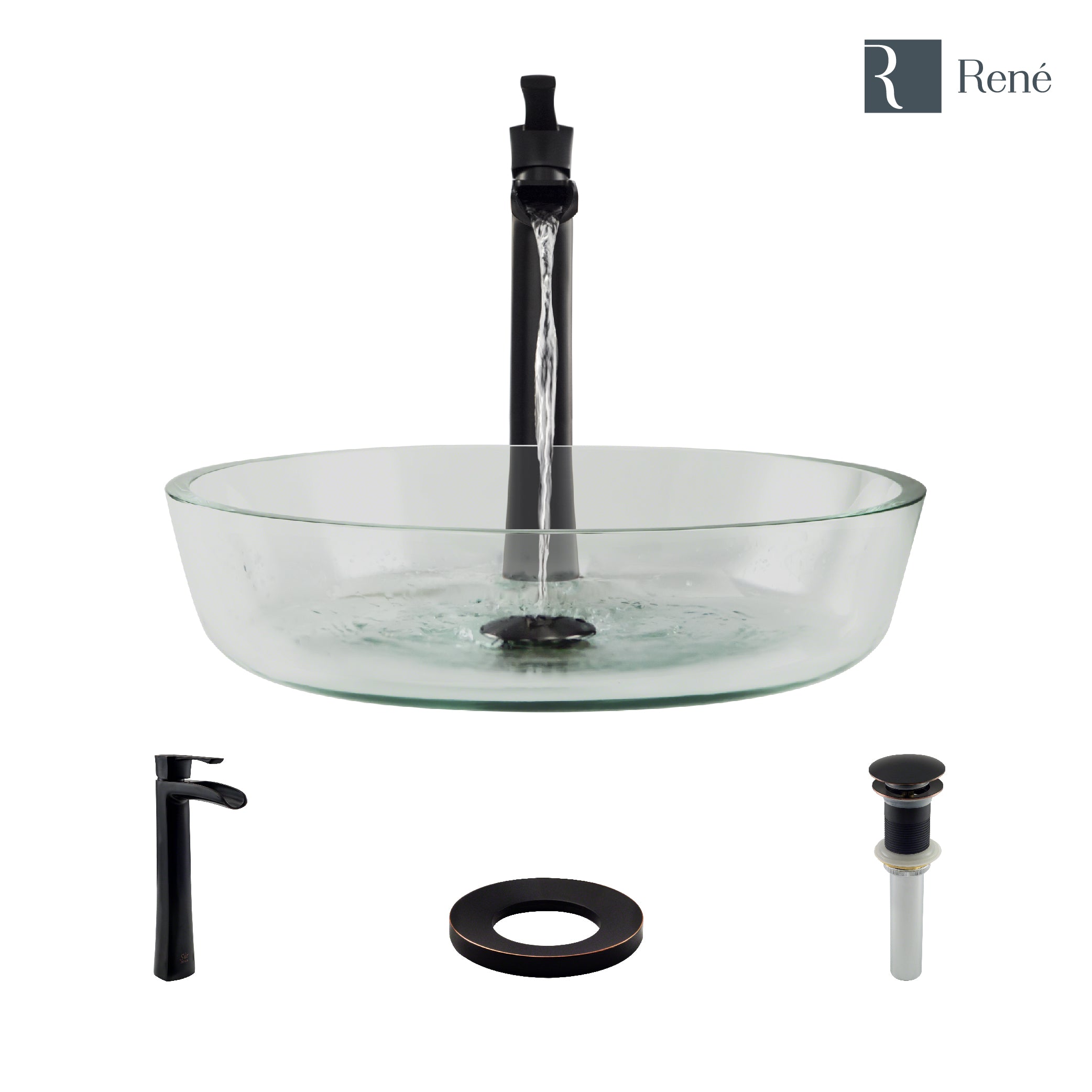 Rene 17" Round Glass Bathroom Sink, Crystal, with Faucet, R5-5024-R9-7007-ABR
