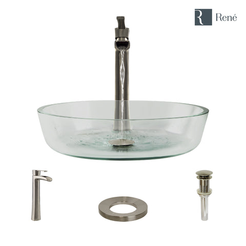 Rene 17" Round Glass Bathroom Sink, Crystal, with Faucet, R5-5024-R9-7007-BN