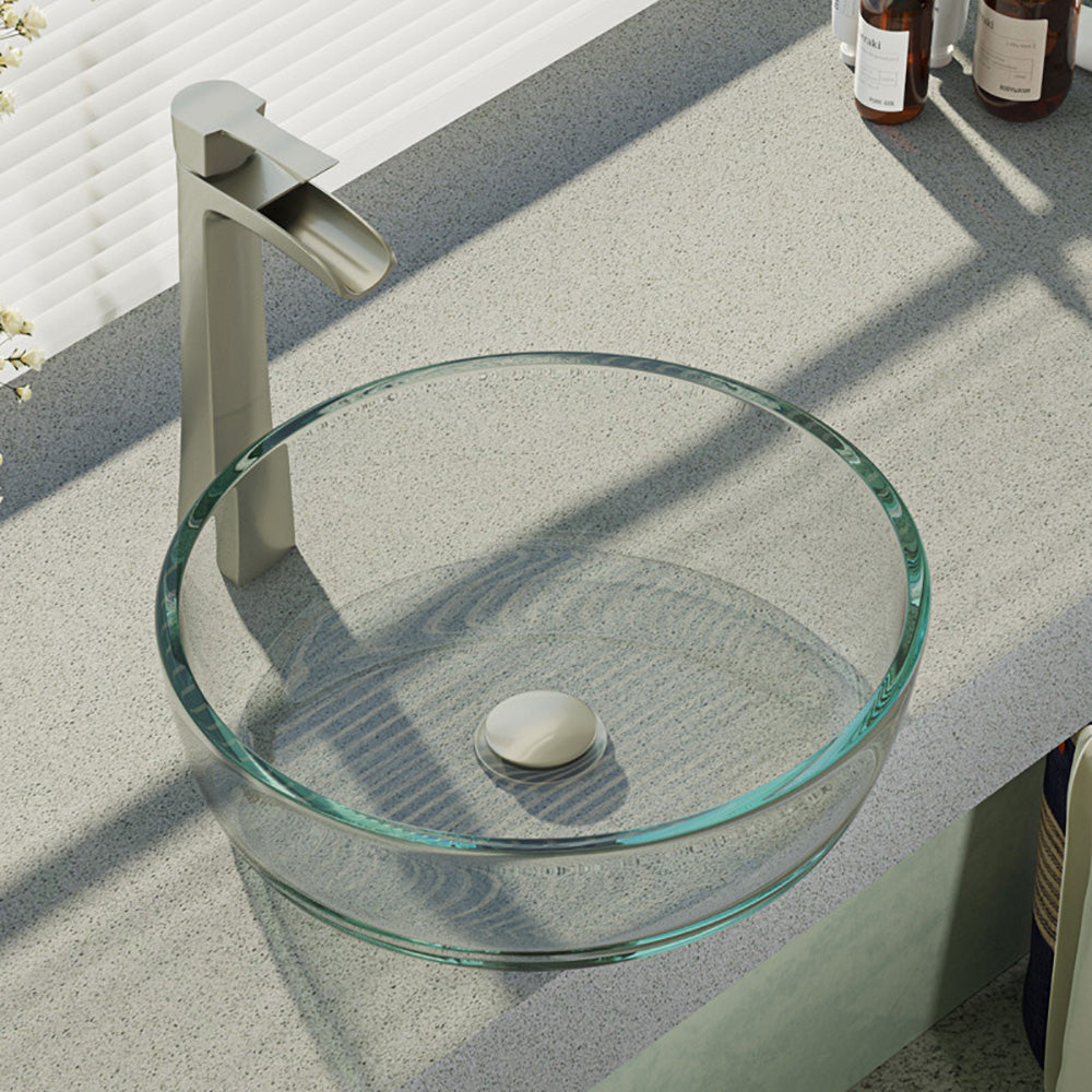 Rene 17" Round Glass Bathroom Sink, Crystal, with Faucet, R5-5024-R9-7007-BN - The Sink Boutique