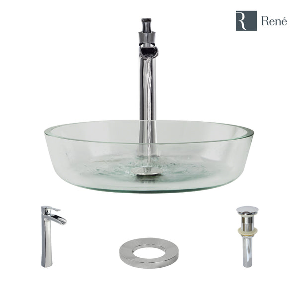 Rene 17" Round Glass Bathroom Sink, Crystal, with Faucet, R5-5024-R9-7007-C