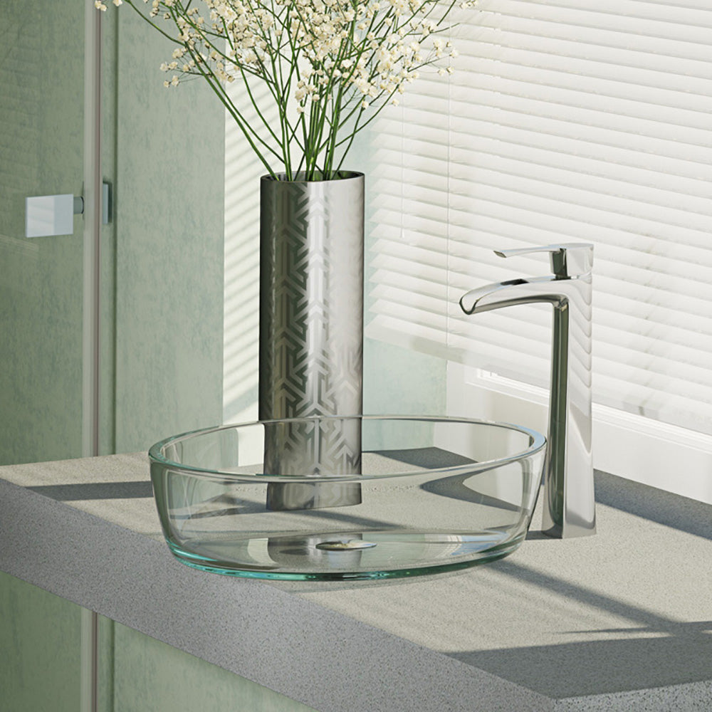 Rene 17" Round Glass Bathroom Sink, Crystal, with Faucet, R5-5024-R9-7007-C - The Sink Boutique