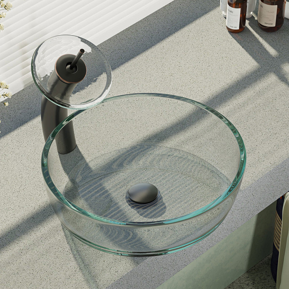 Rene 17" Round Glass Bathroom Sink, Crystal, with Faucet, R5-5024-WF-ABR - The Sink Boutique