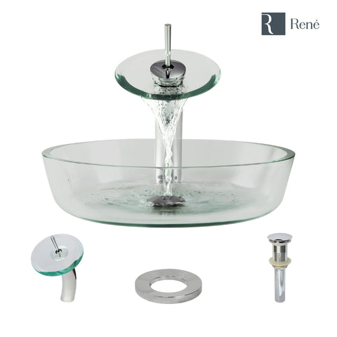 Rene 17" Round Glass Bathroom Sink, Crystal, with Faucet, R5-5024-WF-C