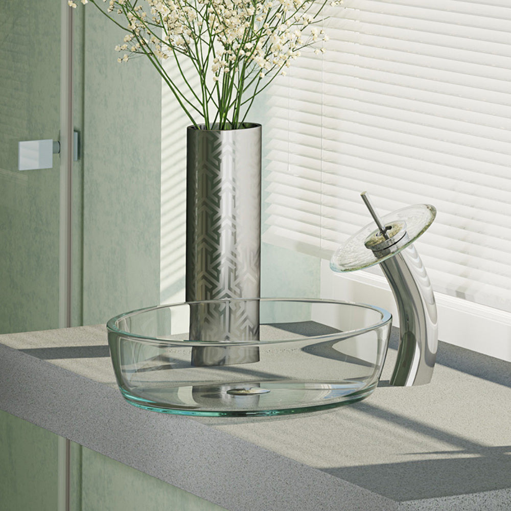 Rene 17" Round Glass Bathroom Sink, Crystal, with Faucet, R5-5024-WF-C - The Sink Boutique