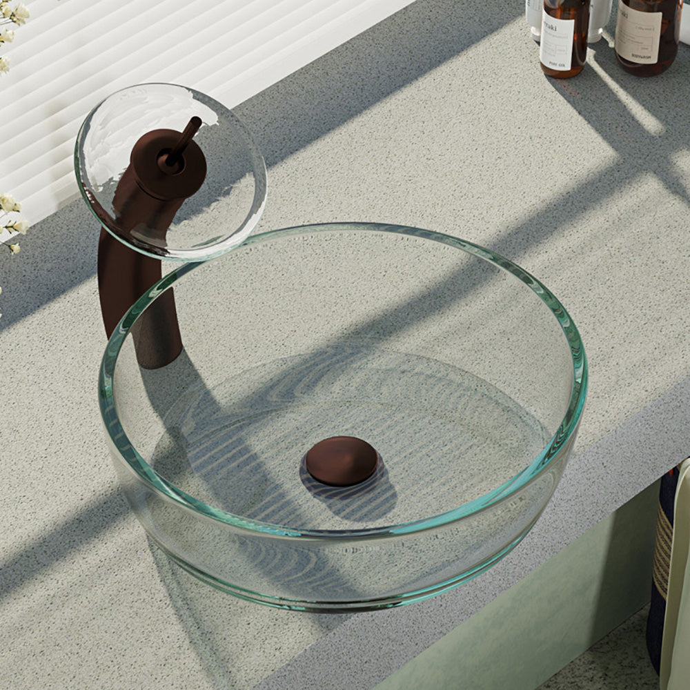 Rene 17" Round Glass Bathroom Sink, Crystal, with Faucet, R5-5024-WF-ORB - The Sink Boutique