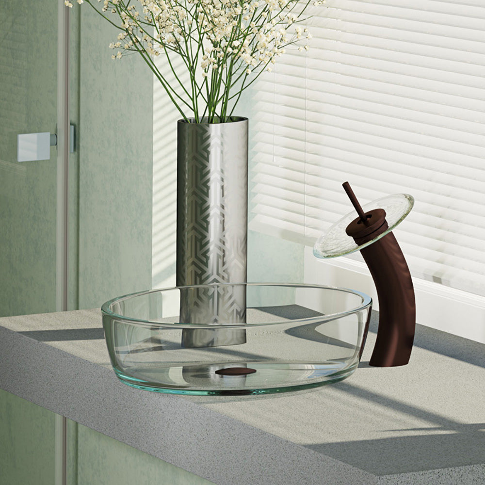 Rene 17" Round Glass Bathroom Sink, Crystal, with Faucet, R5-5024-WF-ORB - The Sink Boutique