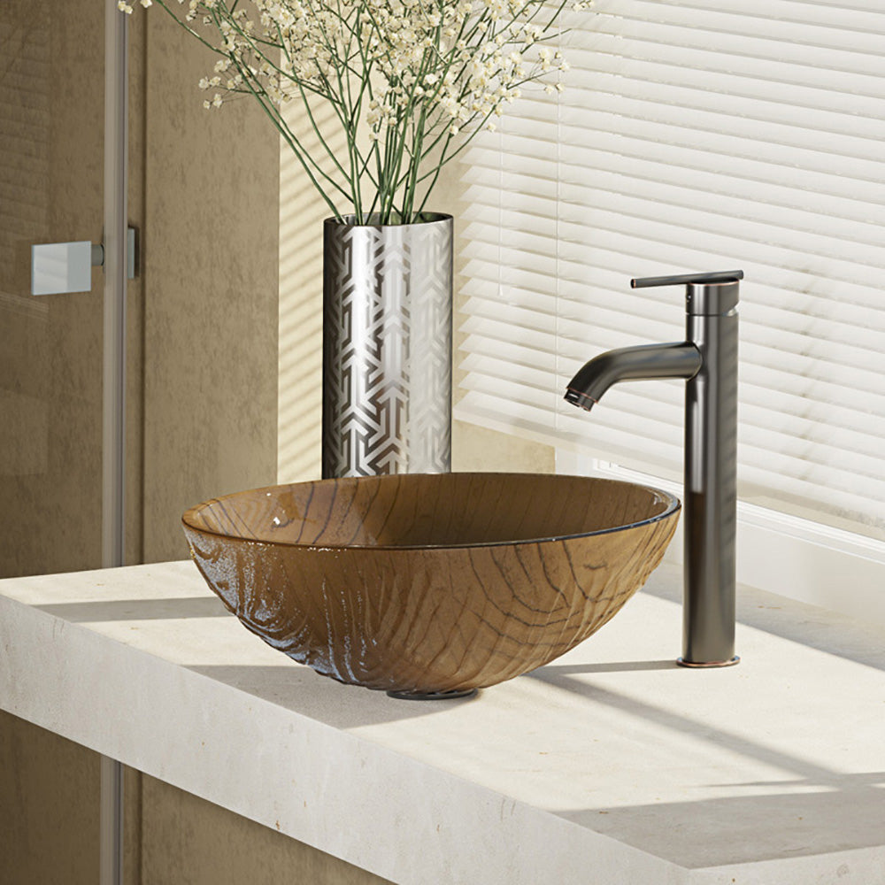 Rene 17" Round Glass Bathroom Sink, Beach Sand, with Faucet, R5-5025-R9-7001-ABR - The Sink Boutique