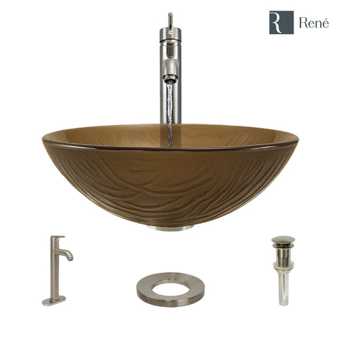 Rene 17" Round Glass Bathroom Sink, Beach Sand, with Faucet, R5-5025-R9-7001-BN
