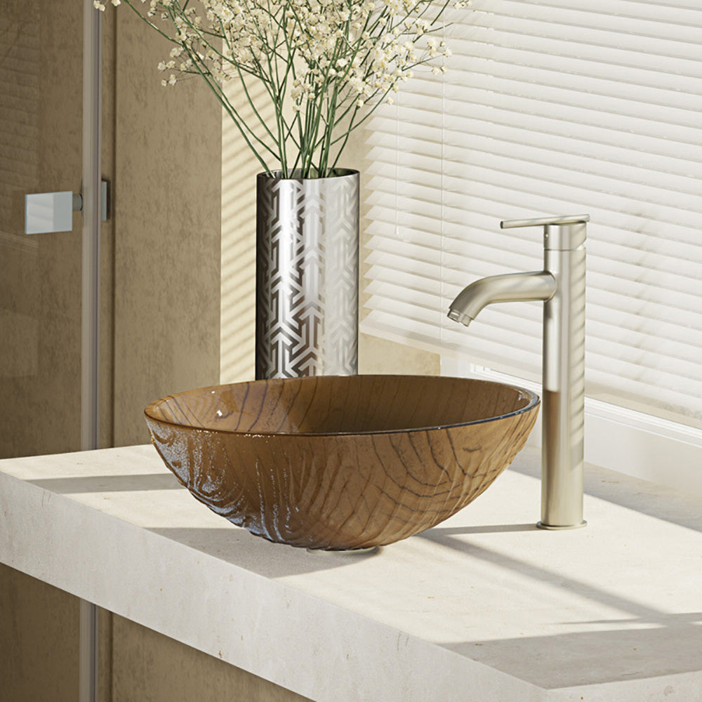 Rene 17" Round Glass Bathroom Sink, Beach Sand, with Faucet, R5-5025-R9-7001-BN - The Sink Boutique