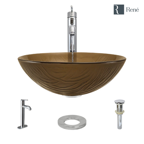 Rene 17" Round Glass Bathroom Sink, Beach Sand, with Faucet, R5-5025-R9-7001-C