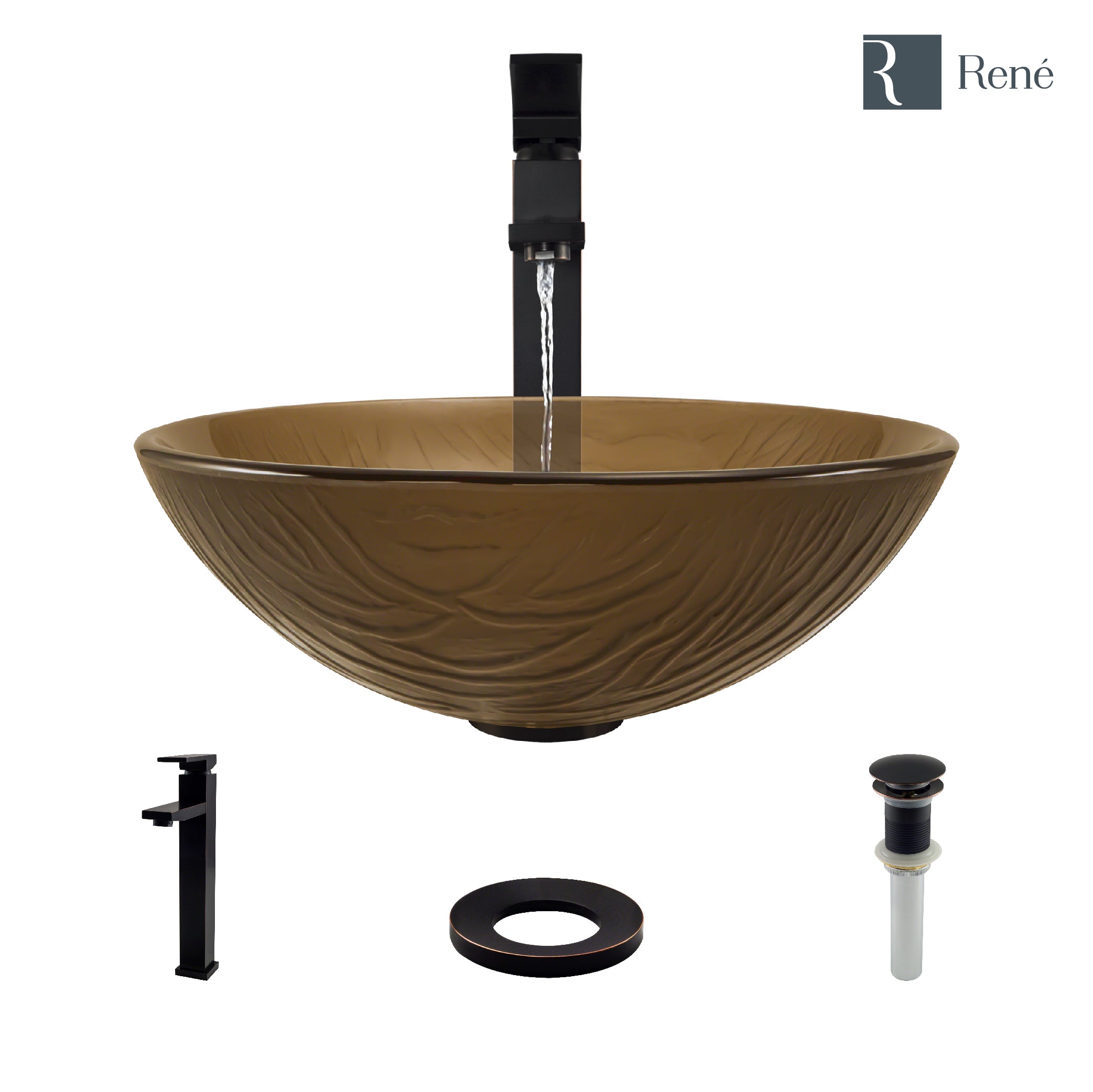 Rene 17" Round Glass Bathroom Sink, Beach Sand, with Faucet, R5-5025-R9-7003-ABR