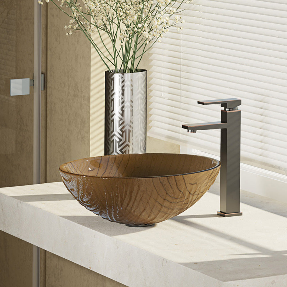 Rene 17" Round Glass Bathroom Sink, Beach Sand, with Faucet, R5-5025-R9-7003-ABR - The Sink Boutique
