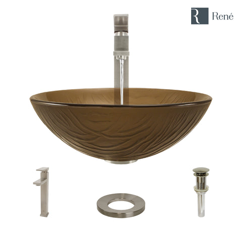 Rene 17" Round Glass Bathroom Sink, Beach Sand, with Faucet, R5-5025-R9-7003-BN