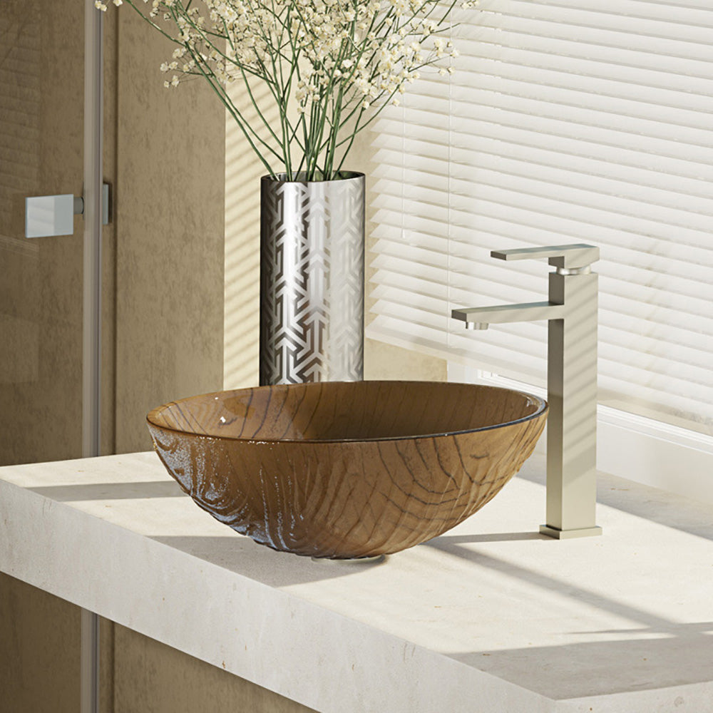 Rene 17" Round Glass Bathroom Sink, Beach Sand, with Faucet, R5-5025-R9-7003-BN - The Sink Boutique