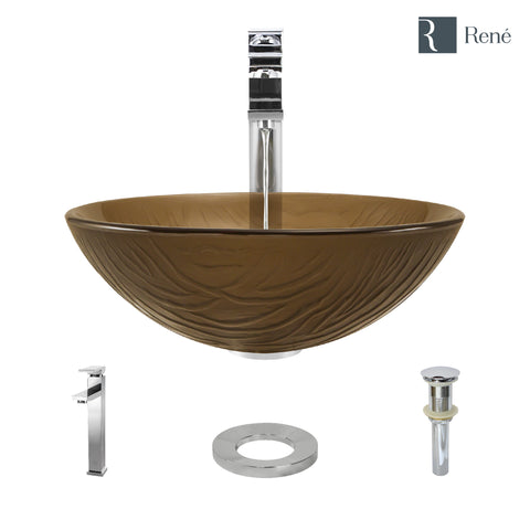 Rene 17" Round Glass Bathroom Sink, Beach Sand, with Faucet, R5-5025-R9-7003-C