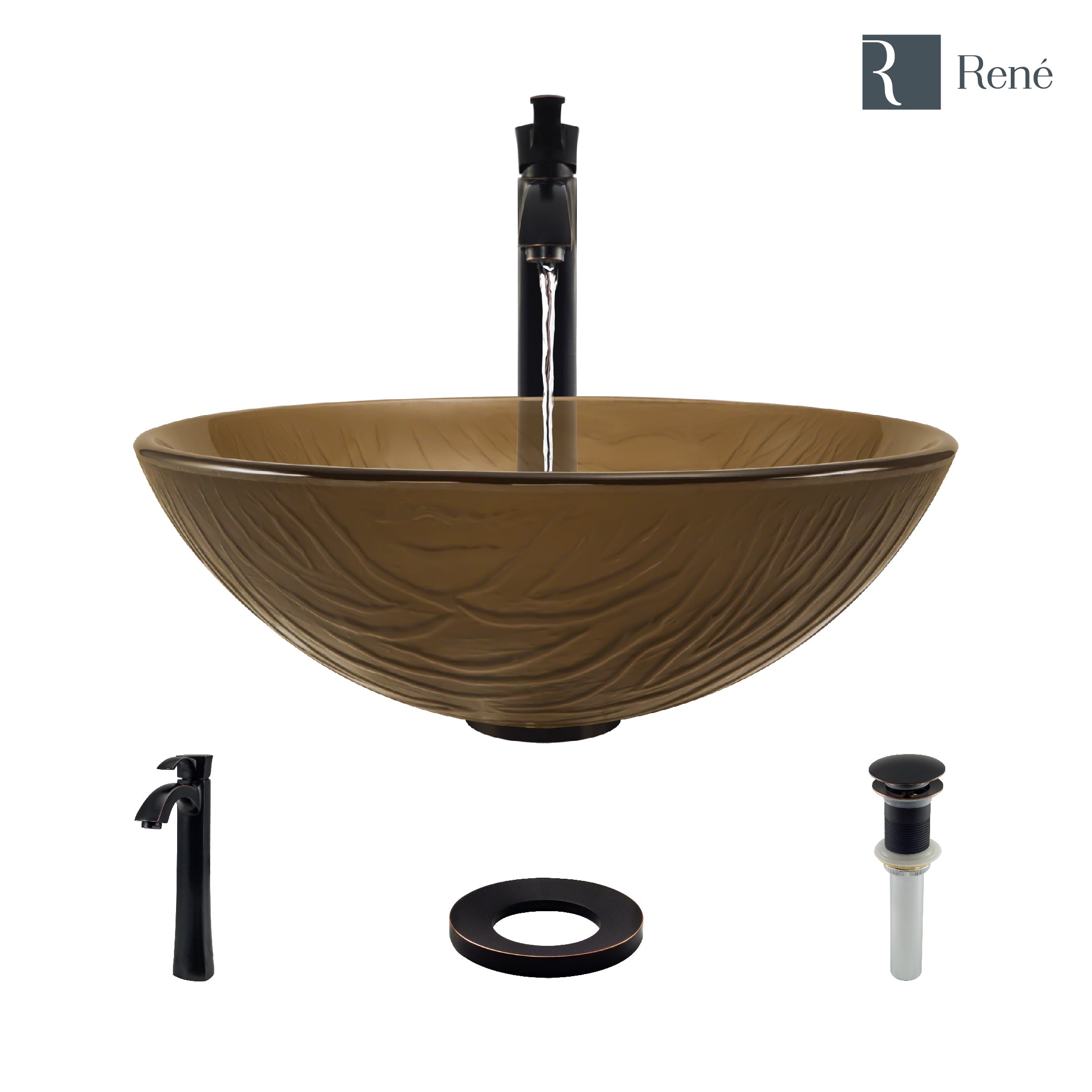Rene 17" Round Glass Bathroom Sink, Beach Sand, with Faucet, R5-5025-R9-7006-ABR