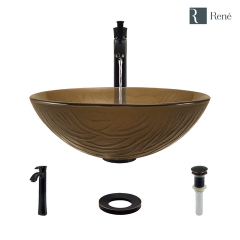 Rene 17" Round Glass Bathroom Sink, Beach Sand, with Faucet, R5-5025-R9-7006-ABR