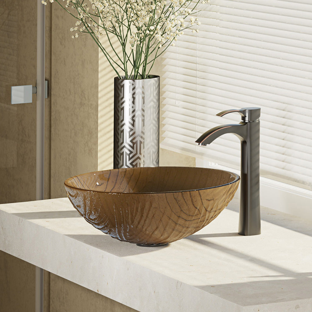 Rene 17" Round Glass Bathroom Sink, Beach Sand, with Faucet, R5-5025-R9-7006-ABR - The Sink Boutique