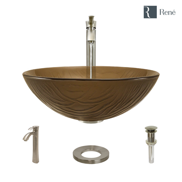 Rene 17" Round Glass Bathroom Sink, Beach Sand, with Faucet, R5-5025-R9-7006-BN