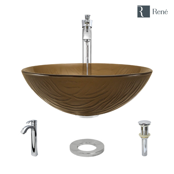 Rene 17" Round Glass Bathroom Sink, Beach Sand, with Faucet, R5-5025-R9-7006-C