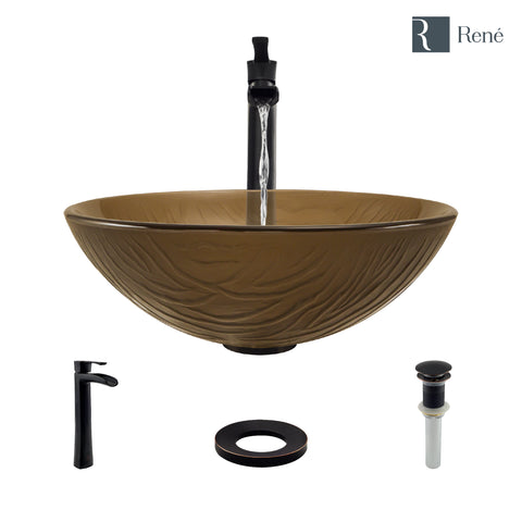 Rene 17" Round Glass Bathroom Sink, Beach Sand, with Faucet, R5-5025-R9-7007-ABR