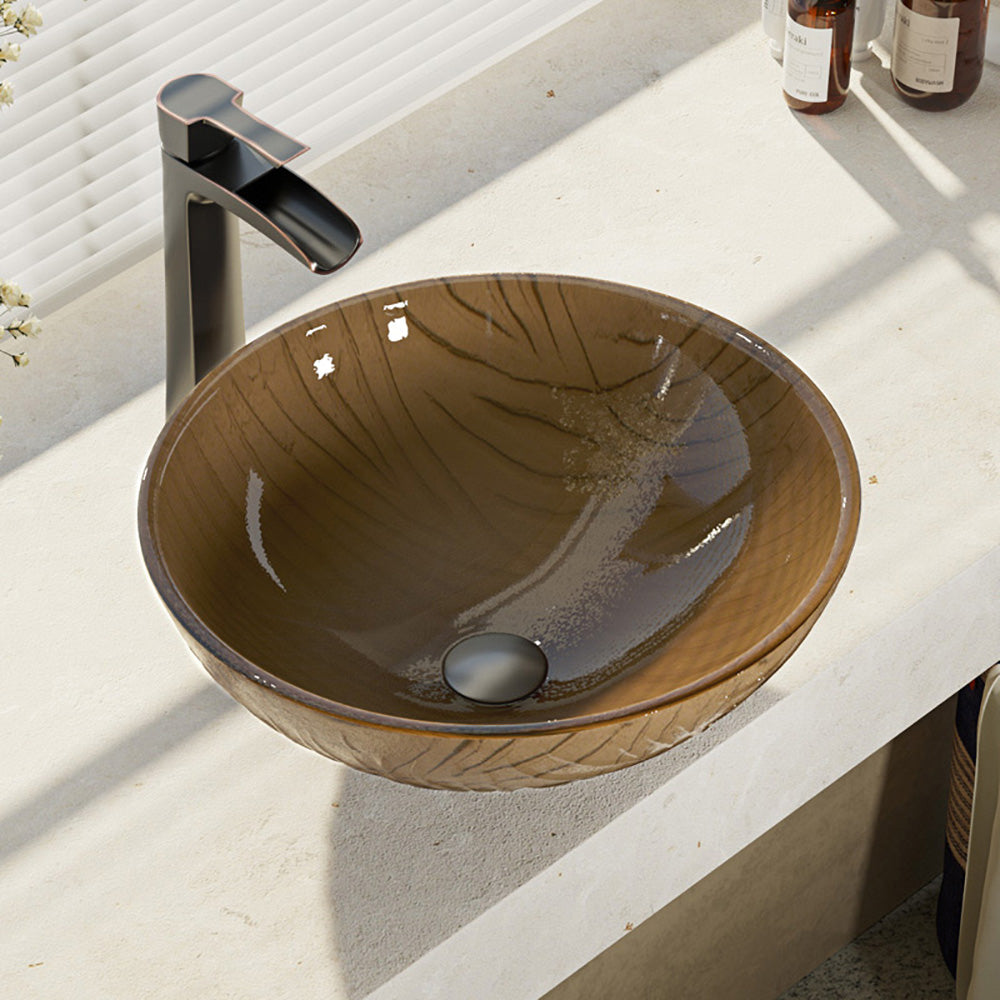 Rene 17" Round Glass Bathroom Sink, Beach Sand, with Faucet, R5-5025-R9-7007-ABR - The Sink Boutique