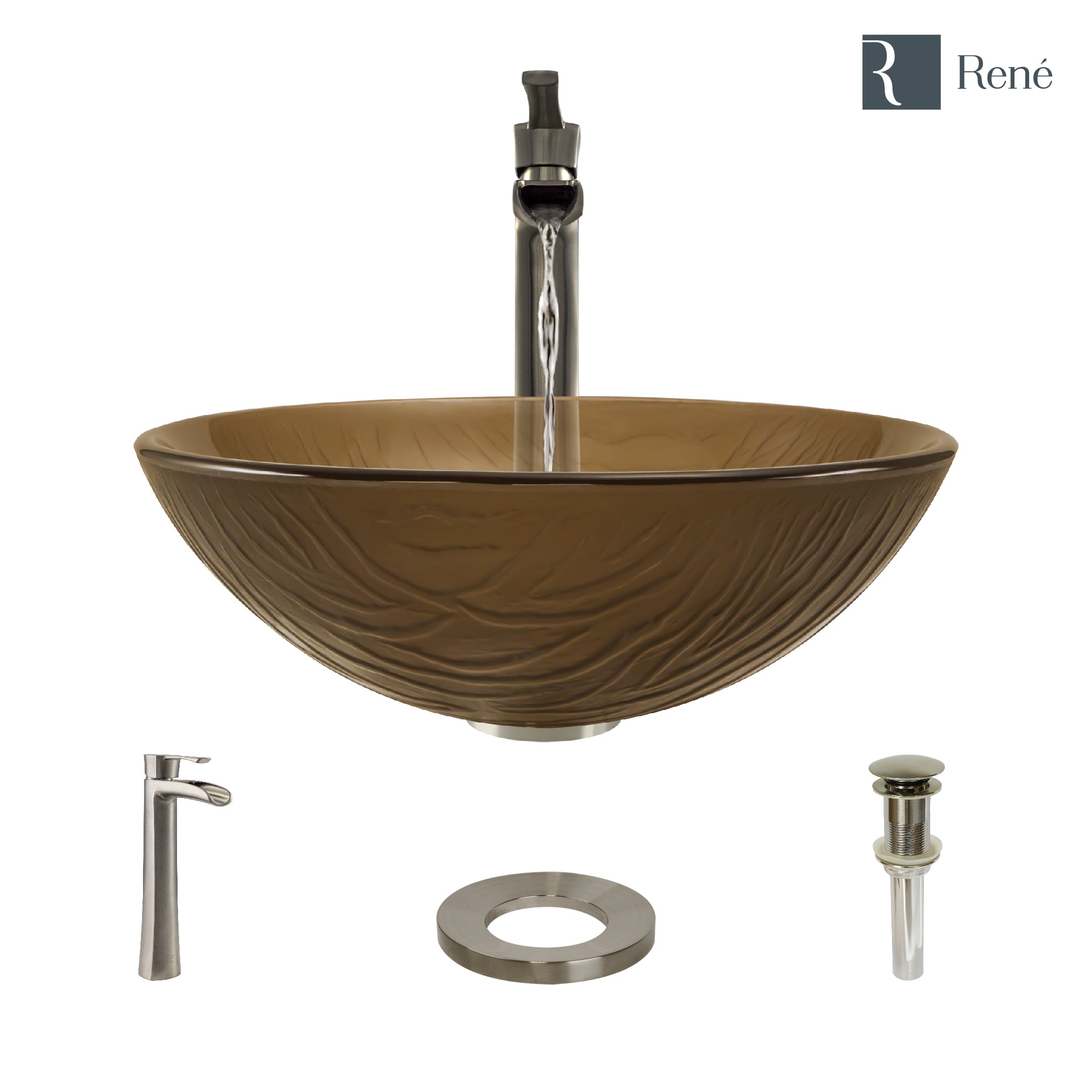 Rene 17" Round Glass Bathroom Sink, Beach Sand, with Faucet, R5-5025-R9-7007-BN