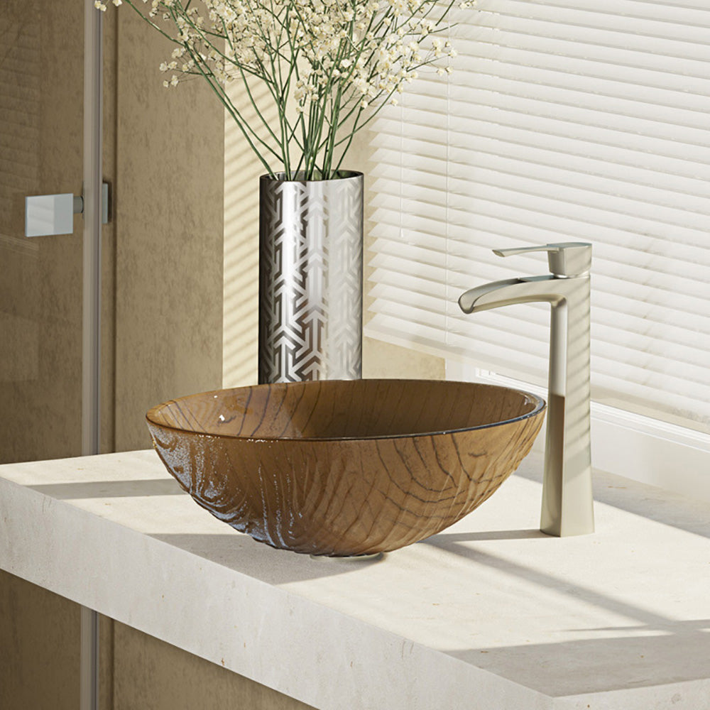 Rene 17" Round Glass Bathroom Sink, Beach Sand, with Faucet, R5-5025-R9-7007-BN - The Sink Boutique