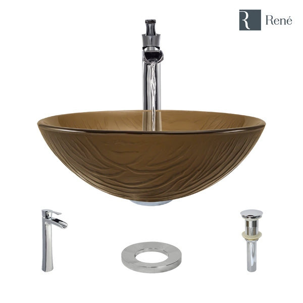 Rene 17" Round Glass Bathroom Sink, Beach Sand, with Faucet, R5-5025-R9-7007-C