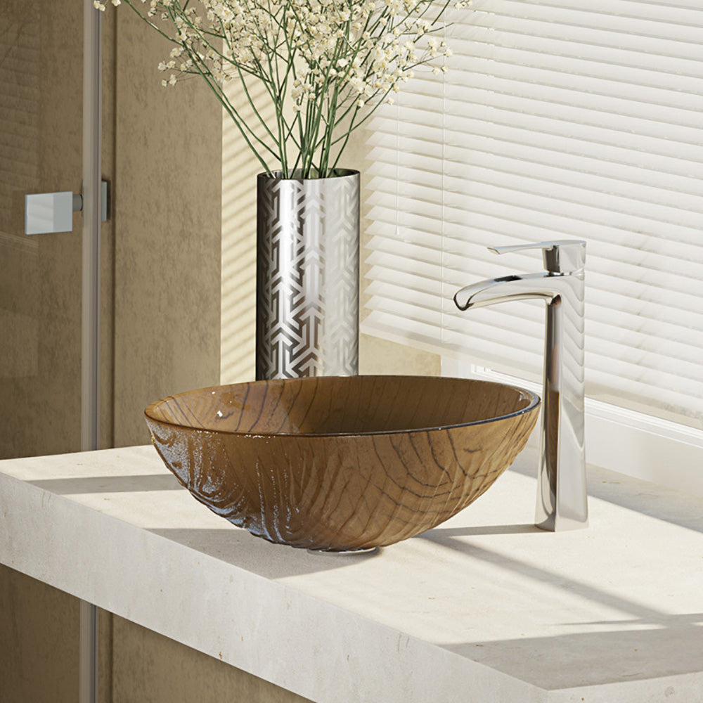 Rene 17" Round Glass Bathroom Sink, Beach Sand, with Faucet, R5-5025-R9-7007-C - The Sink Boutique