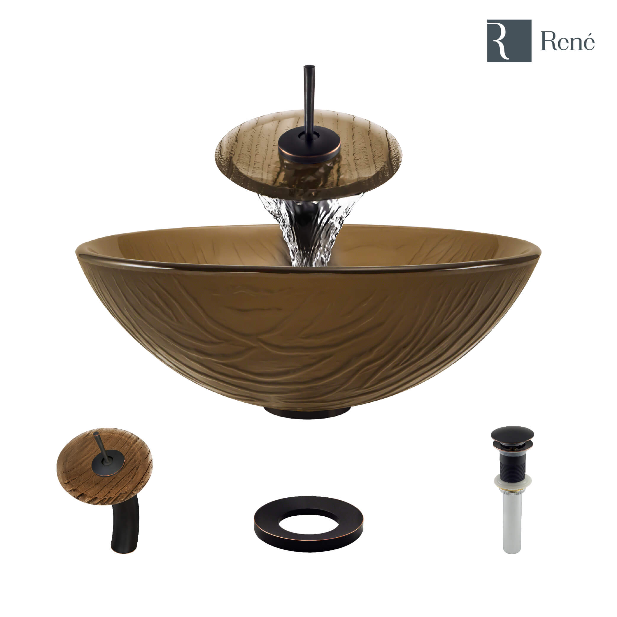 Rene 17" Round Glass Bathroom Sink, Beach Sand, with Faucet, R5-5025-WF-ABR