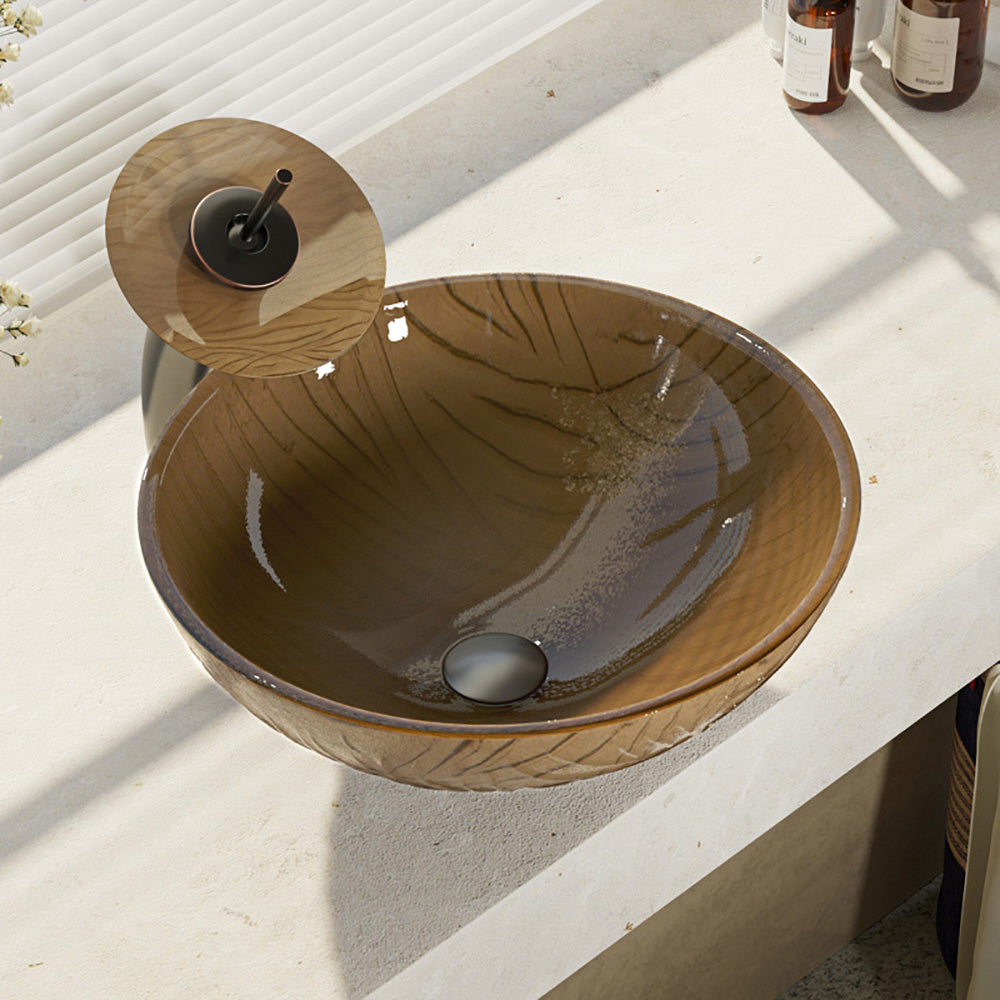 Rene 17" Round Glass Bathroom Sink, Beach Sand, with Faucet, R5-5025-WF-ABR - The Sink Boutique