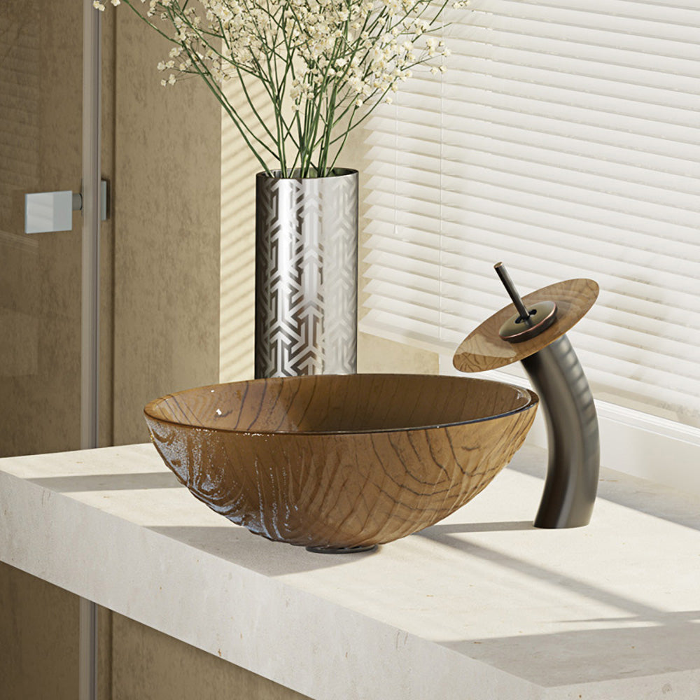 Rene 17" Round Glass Bathroom Sink, Beach Sand, with Faucet, R5-5025-WF-ABR - The Sink Boutique
