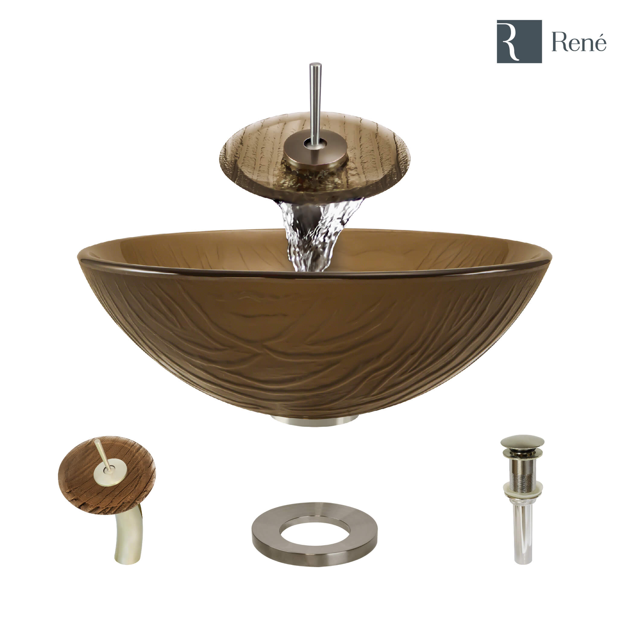 Rene 17" Round Glass Bathroom Sink, Beach Sand, with Faucet, R5-5025-WF-BN
