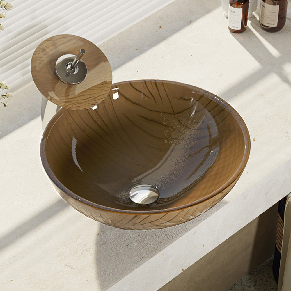 Rene 17" Round Glass Bathroom Sink, Beach Sand, with Faucet, R5-5025-WF-C - The Sink Boutique