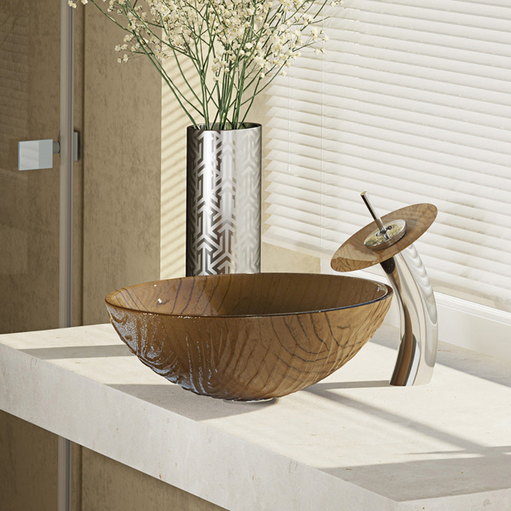 Rene 17" Round Glass Bathroom Sink, Beach Sand, with Faucet, R5-5025-WF-C - The Sink Boutique