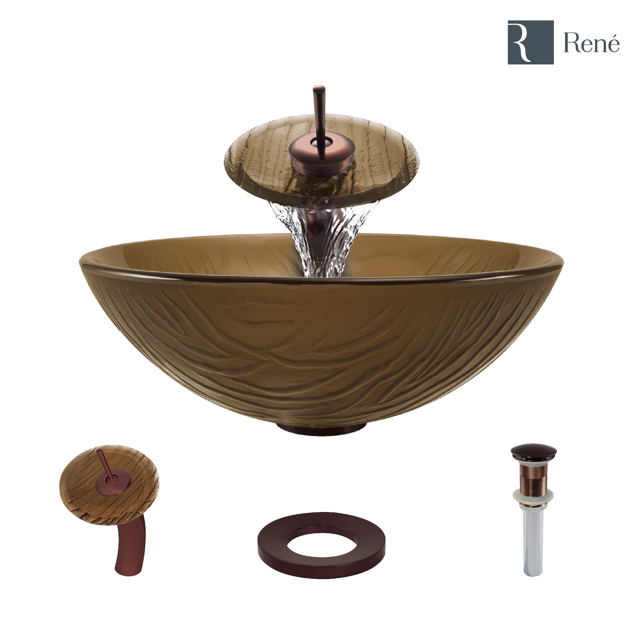 Rene 17" Round Glass Bathroom Sink, Beach Sand, with Faucet, R5-5025-WF-ORB