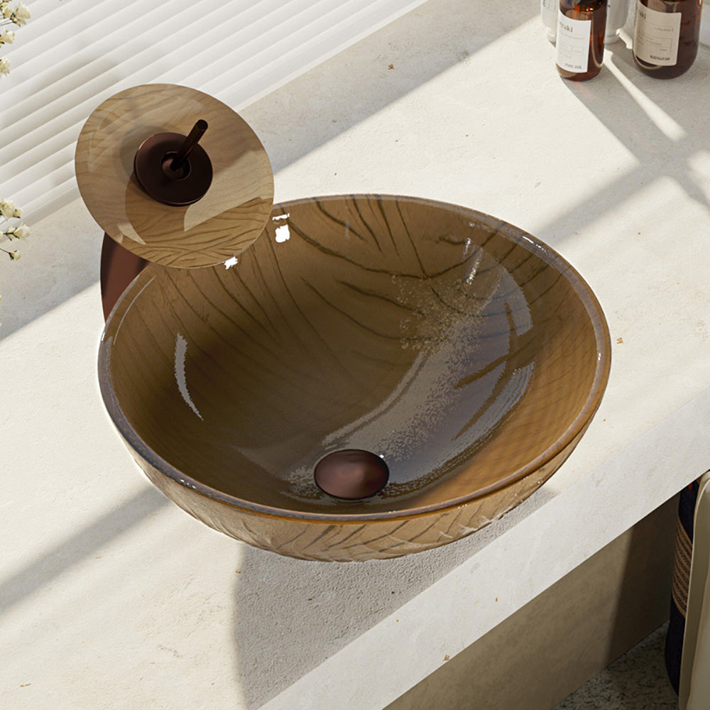Rene 17" Round Glass Bathroom Sink, Beach Sand, with Faucet, R5-5025-WF-ORB - The Sink Boutique