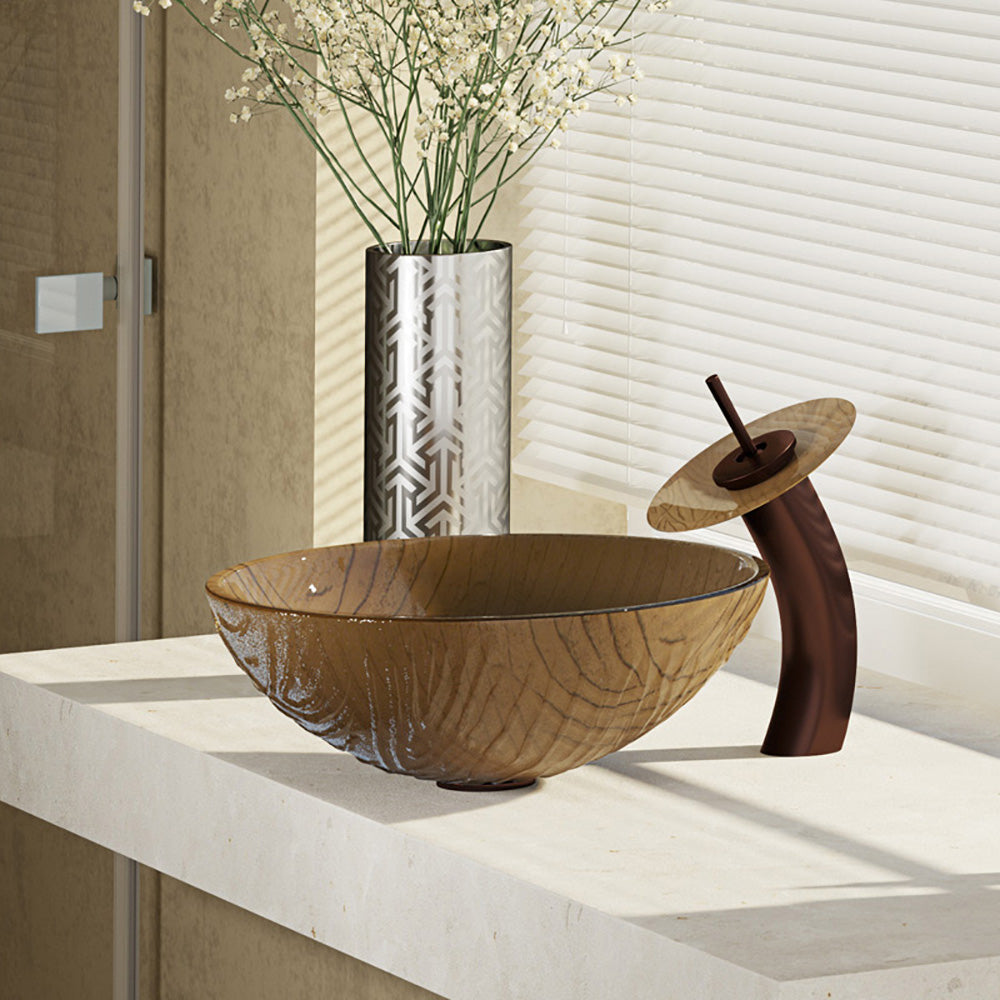 Rene 17" Round Glass Bathroom Sink, Beach Sand, with Faucet, R5-5025-WF-ORB - The Sink Boutique