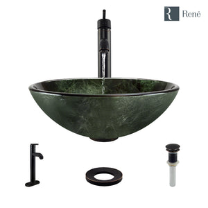 Alternate Image for Rene 17" Round Glass Bathroom Sink, Forest Green, with Faucet, R5-5027-R9-7001-ABR