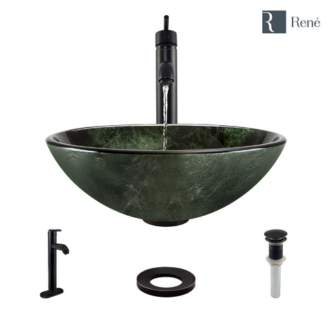 Rene 17" Round Glass Bathroom Sink, Forest Green, with Faucet, R5-5027-R9-7001-ABR