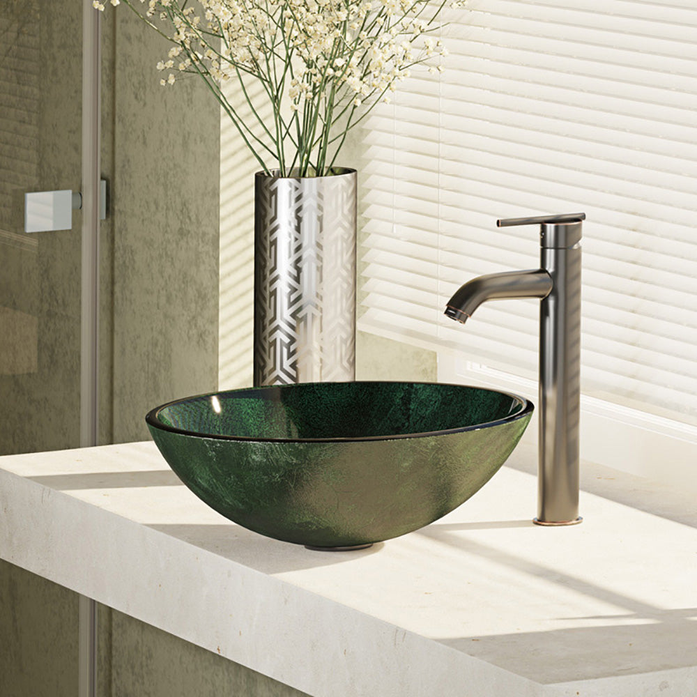 Rene 17" Round Glass Bathroom Sink, Forest Green, with Faucet, R5-5027-R9-7001-ABR - The Sink Boutique