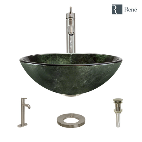 Rene 17" Round Glass Bathroom Sink, Forest Green, with Faucet, R5-5027-R9-7001-BN