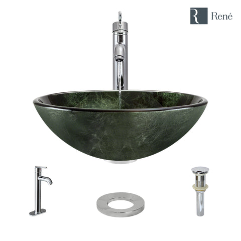 Rene 17" Round Glass Bathroom Sink, Forest Green, with Faucet, R5-5027-R9-7001-C