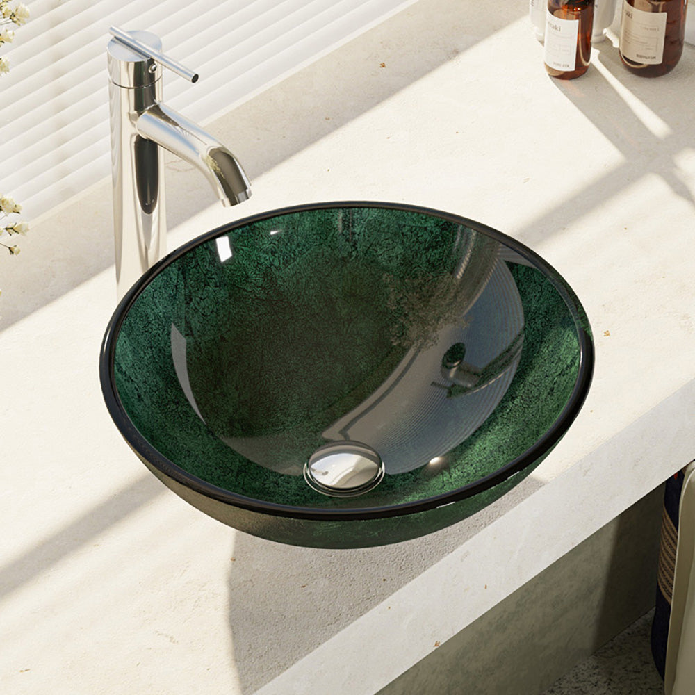 Rene 17" Round Glass Bathroom Sink, Forest Green, with Faucet, R5-5027-R9-7001-C - The Sink Boutique