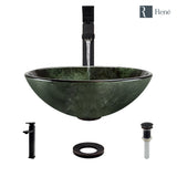 Rene 17" Round Glass Bathroom Sink, Forest Green, with Faucet, R5-5027-R9-7003-ABR