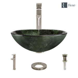 Alternate Image for Rene 17" Round Glass Bathroom Sink, Forest Green, with Faucet, R5-5027-R9-7003-BN